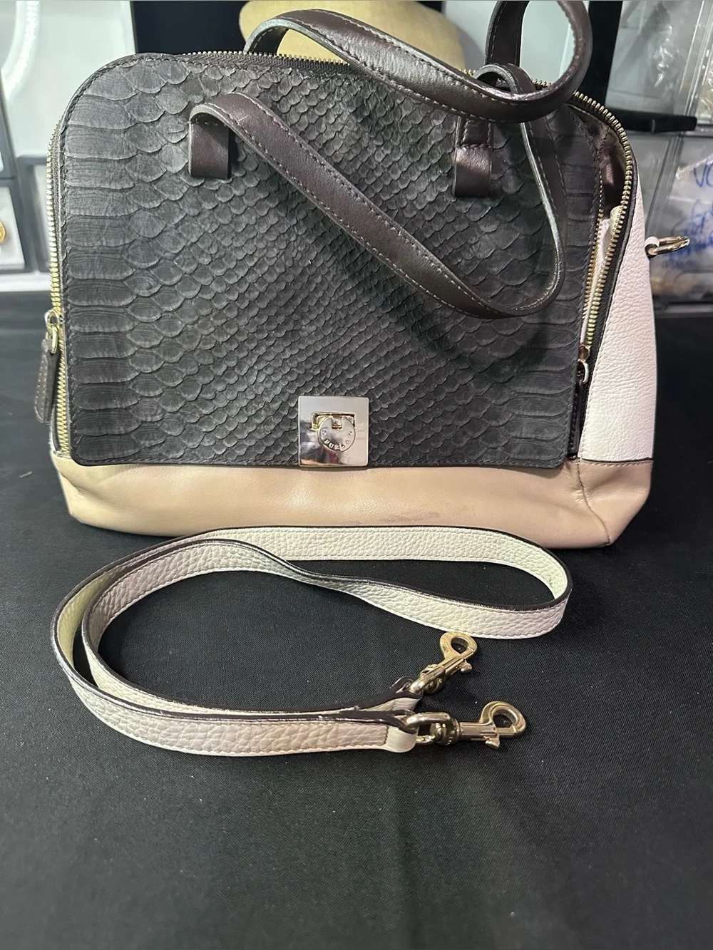 Furla Satchel Top Handle Bag Black/Beige Animal Print Zip Detachable Strap